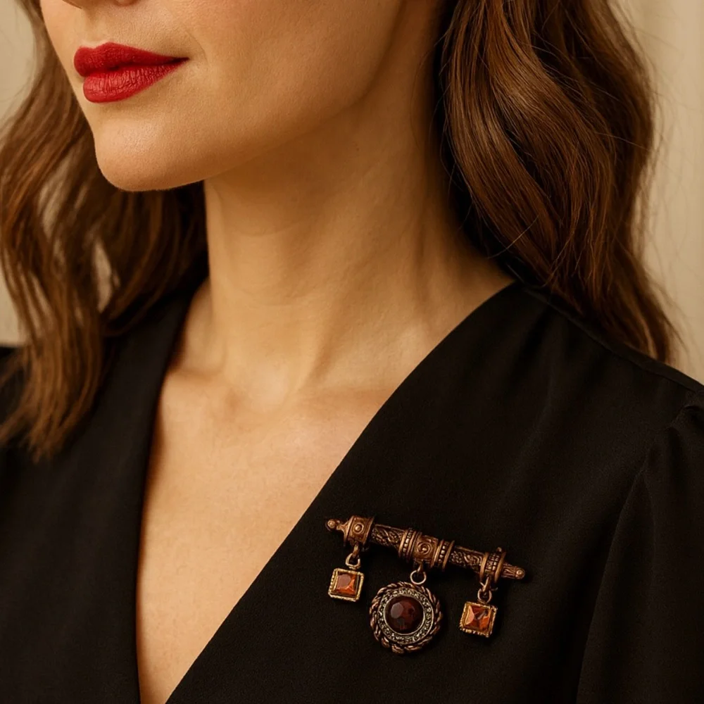 St John Vintage Enamel Bar Pin Brooch Brown Glass Crystal Dangling Charms